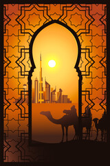 Naklejka premium Camel riders in the desert near Dubai city in the arabesque frame