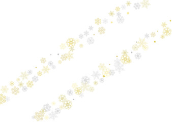 Gold snowflakes frame on white background. New year theme. Horizontal shiny Christmas frame for holiday banner, card, sale, special offer. Falling snow with gold snowflake and glitter for party invite
