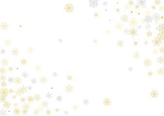 Gold snowflakes frame on white background. New year theme. Horizontal shiny Christmas frame for holiday banner, card, sale, special offer. Falling snow with gold snowflake and glitter for party invite