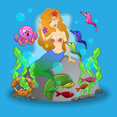 Naklejka na ściany i meble Mermaids playing with sea animals cartoon vector