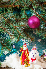 Christmas background for notebook diary cover - Christmas tree Santa Claus and dog toy New Year's figures bright and beautiful