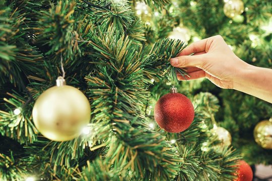 Closeup image of a hand decorating Christmas tree with red sparkling glitter baubles. Concept and idea of celebrating Christmas holidays