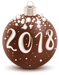 Brown chocolate 2018 christmas ball with sugar coating. Sweet holiday decoration
