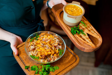 Pasta with broth and croutons for lunch.