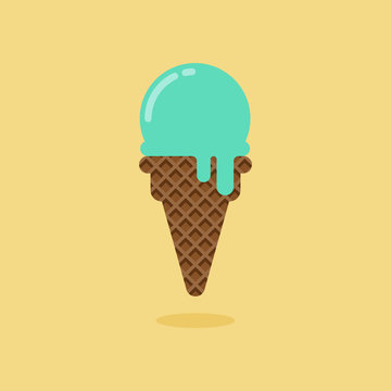 Ice Cream Cone Mint Flavor With Topping Flat Design