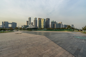 Plakat Panoramic skyline and buildings with empty square floor.