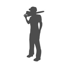Lumberjack worker standing with chainsaw. Vector silhouette
