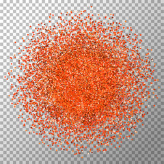 Orange sparkles and glittering powder spray. Sparkling glitter particles explosion on vector black transparent background. Orange star light shining or luxury fireworks and confetti outburst