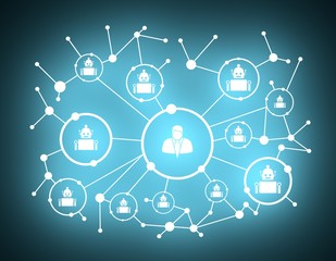 Growth background with lines, circles and integrate icons. Connected symbols for digital, interactive and global communication concept. Human and robot teamwork. 3D rendering. Neon shine illumination