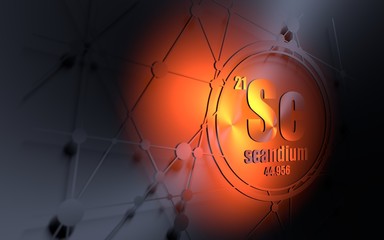 Scandium chemical element. Sign with atomic number and atomic weight. Chemical element of periodic table. Molecule and communication background. Connected lines with dots. 3D rendering