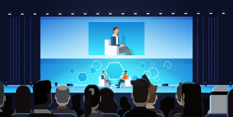 Business Man On Public Interview Conference Meeting In Front of Big Audience Flat Vector Illustration