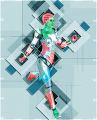 Female cyborg in collage style 3d illustration
