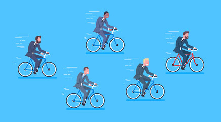 Obraz premium Group Of Mix Race Business Men Ride Bicycle Fast Competition Concept Flat Vector Illustration