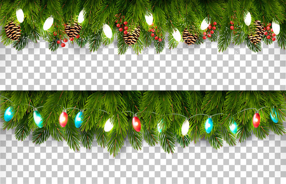 Two Christmas Holiday Boards With Branches Of Tree And Pine And Garland On Transparent Background. Vector.