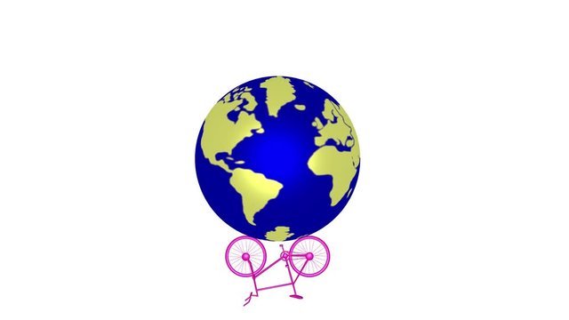 Bicycle going around world. Single pink bicycle circles planet earth. . Alpha matte included.