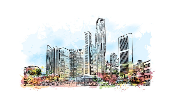 Singapore City. Watercolor splash with hand drawn sketch in vector illustration.