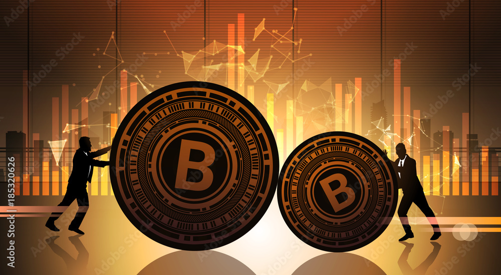 Poster two business men push bitcoin over statistic data charts crypto currency concept digital web money v