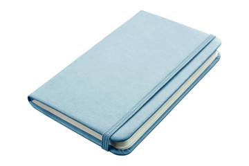 Blue leather notebook with elastic band closure isolated on white background.