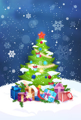 Obraz premium Beautiful Christmas Tree Night View Over Blue Sky With Snowflakes Flat Vector Illustration