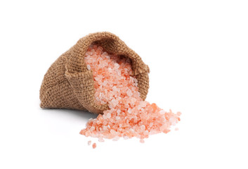 Himalaya pink salt in burlap bag isolated