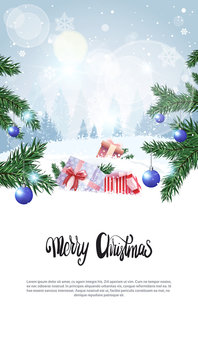 Merry Christmas Calligraphy Text Over Winter Forest Background Vertical Holiday Banner With Copy Space Vector Illustration
