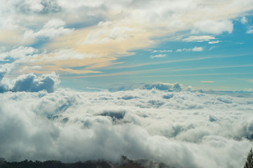 background of beautiful view blue sky and cloud of nature near Wat Pha Sorn Kaew Temple in Khao Kho, Phetchabun Province, Thailand.