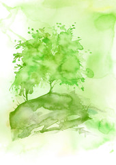 Watercolor drawing of a tree, maple, apple tree on a green abstract background. Splash paint, beautiful spots. Watercolor card, logo. Summer, spring landscape.
