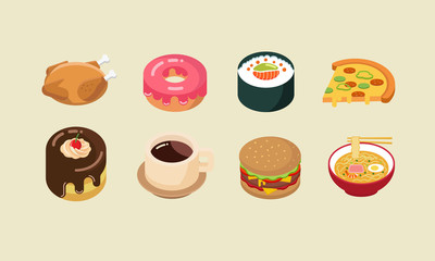 Fast food colorful with pizza, donuts, noodles and more.