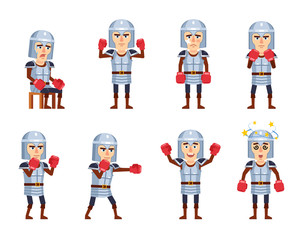 Set of knight characters posing with boxing gloves. Funny knight attacking, hitting, dazed, tired, celebrating victory and showing other actions. Flat style vector illustration