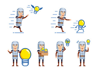 Set of knight characters posing with idea light bulb. Cheerful knight pointing to idea, holding box full of light bulbs, running and showing other actions. Flat style vector illustration