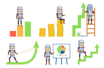 Set of knight characters posing with charts. Cheerful knight standing on growth diagram, pointing to whiteboard and showing other actions. Flat style vector illustration