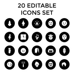 Face icons. set of 20 editable filled face icons