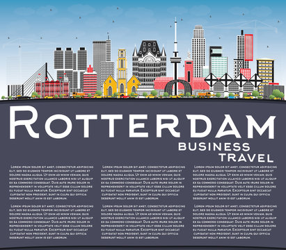 Rotterdam Netherlands City Skyline with Gray Buildings, Blue Sky and Copy Space.