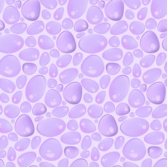 Realistic purple oil, colored water drops, beads or rocks seamless pattern. Abstract liquid vector texture for textile, wrapping paper, beverage or cosmetic banner, cover, surface, package