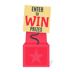 Open red surprise box with banner on the spiral. Enter to Win Prizes. Vector Illustration.