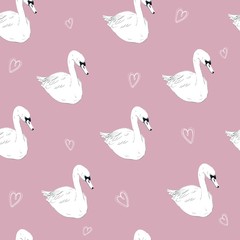 Seamless pattern with white swans. White swans on black background. Vector illustration.