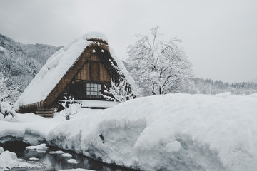 Historic Villages of Shirakawa-go, Japan in snowy day, film tone, classic look.