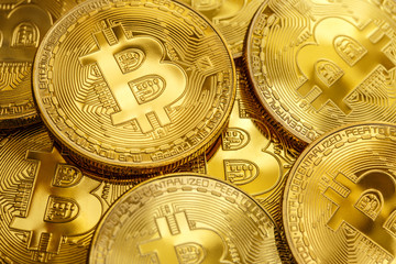 Bitcoin coins in closeup