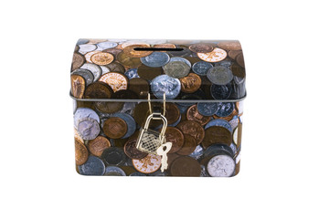 isolated tin coin box for money on white background