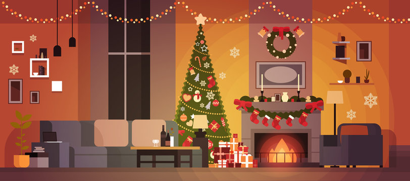 Living Room Decorated For Christmas And New Year With Fir Tree , Fireplace And Garlands Holidays Home Interior Flat Vector Illustration