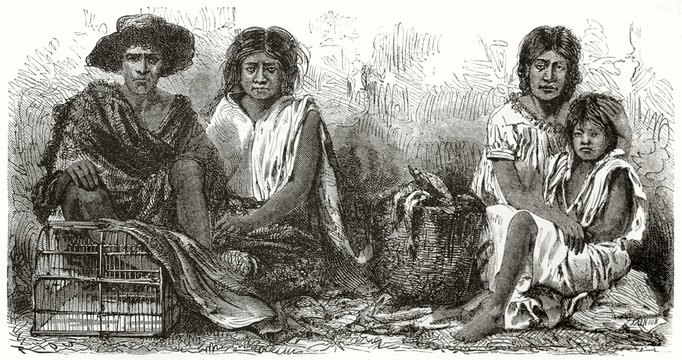Ancient mexican poor family seated on the ground and looking at the camera with a sad facial expression. Created by Riou after photo by unknown author published on Le Tour du Monde Paris 1862