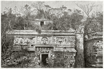 Front view of ruins of an ancient Maya temple emerging from thick vegetation in the jungle. Chiche-Itza Maya archaeological site Yucatan Mexico. By Guaiaud on Le Tour du Monde Paris 1862