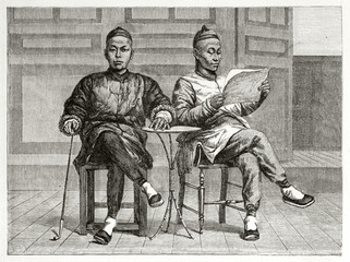 Two ancient chinese bankers elegantly dressed in their traditional clothes seated in a room. Created by Boulanger after photo of unknown author published on Le Tour du Monde Paris 1862