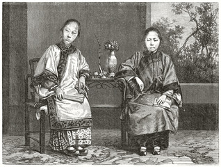 Two ancient elegant chinese women in their traditional clothes sitting at a little table. . Created by Boulanger and Carbonneau after photo of unknown author published on Le Tour du Monde Paris 1862