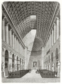 Ancient front view of the interior of the Church of Our Lady, in Copenhagen Denmark, with his big vaulted ceiling. Created by Therond published on Le Tour du Monde Paris 1862