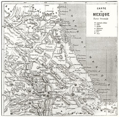 Ancient topographic map of Eastern Mexico. By unidentified author published on Le Tour du Monde Paris 1862