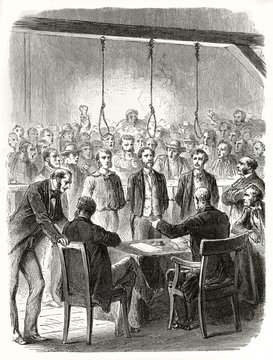 Ancient trial against three people in front of a screaming crowd and a gallows with hanging nooses. John Doe and son interrogations. By Janet-Lange and Carbonneau published on Le Tour du Monde 1862