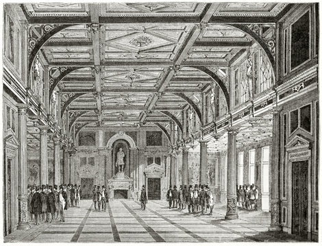 Frontal perspective view of an ancient big luxury room with high coffered ceiling and columns. Exchange hall in the Old Stock-Exchange in Copenhagen Denmark. By Therond on Le Tour du Monde Paris 1862
