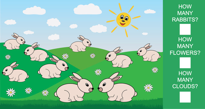 Educational mathematical game for children. Count how many rabbits, flowers, clouds. Vector illustration.