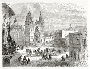 Foreshortening of an ancient city with buildings, cathedral and a carriage crossing a square. Old view of Guanajauto Mexico. Created by Rouargue after Niebel published on Le Tour du Monde Paris 1862